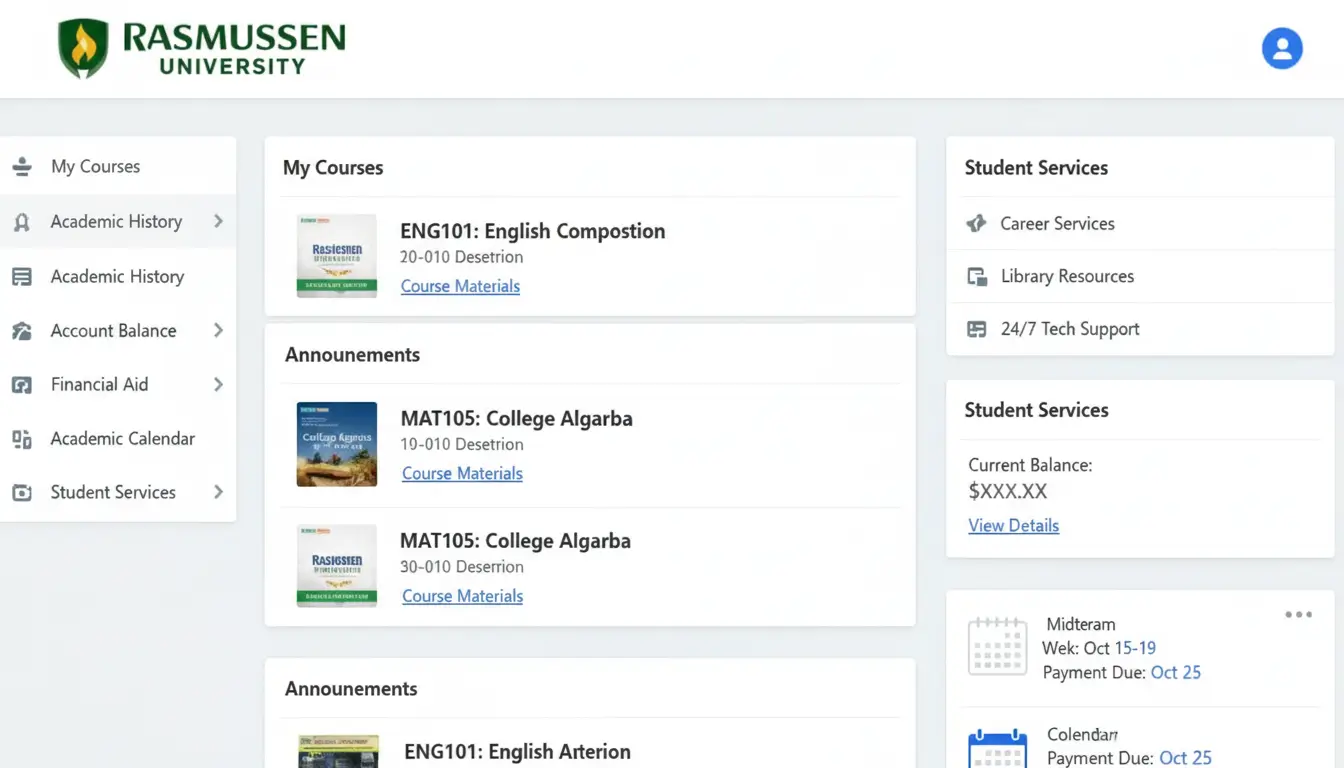 Step 5: 

Access your student resources

After logging in, you can view course materials, check your academic history, review account balances, explore Financial Aid information, see the academic calendar, and use services such as Career Services, library resources, and 24/7 tech support and troubleshooting.